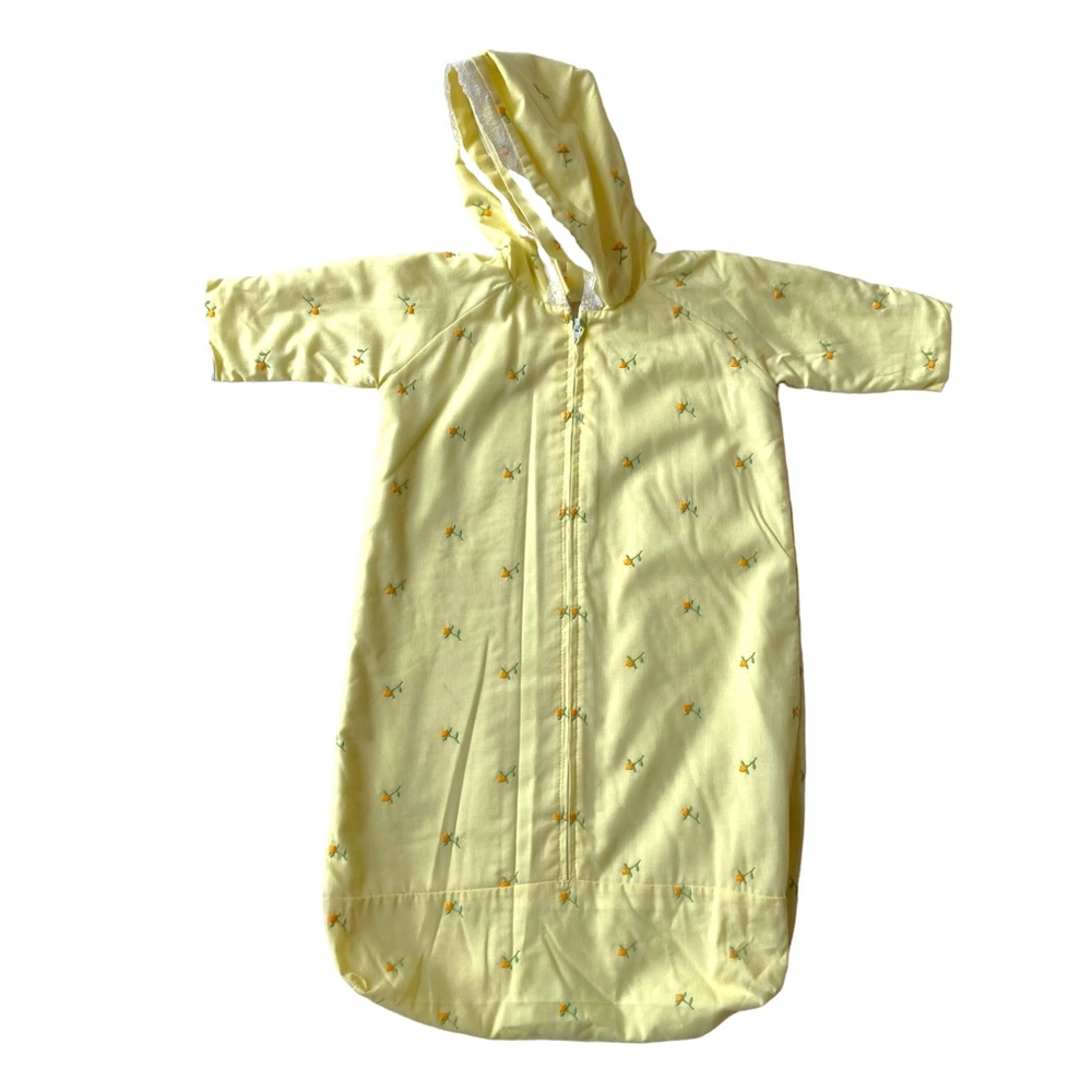 VINTAGE 70s 60s Sleep Sack Jacket Pajamas Onesie Floral Embroidery Yellow Orange